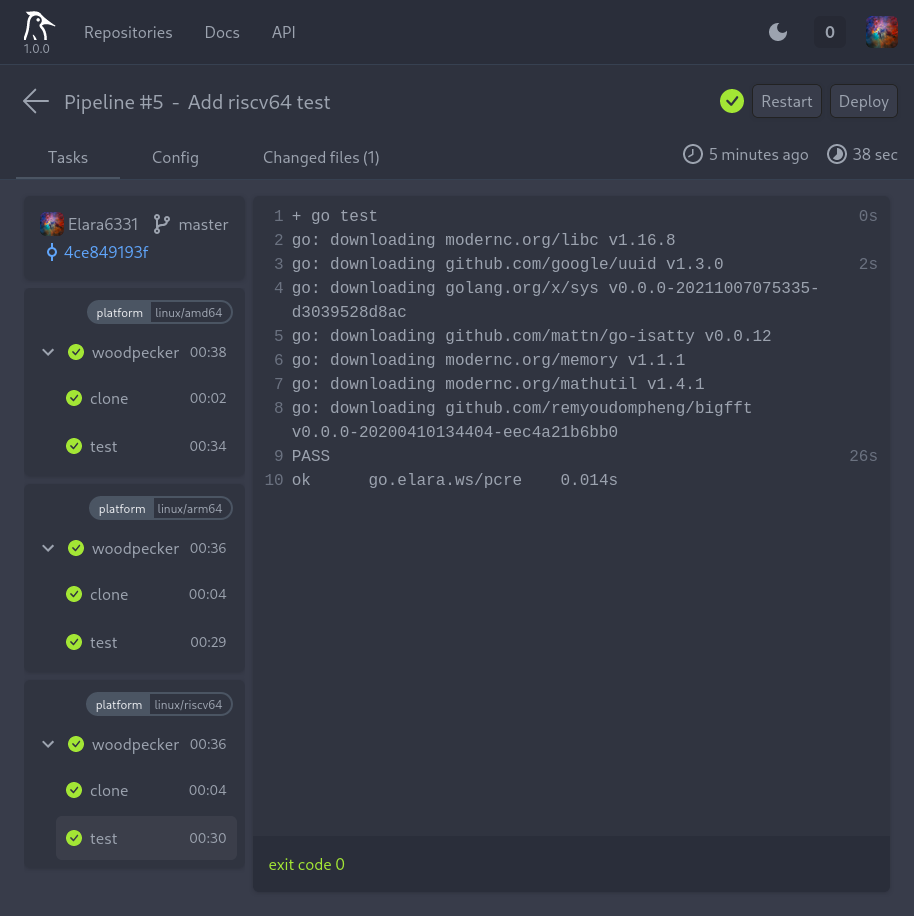 Screenshot of Woodpecker running a test job for PCRE on RISC-V